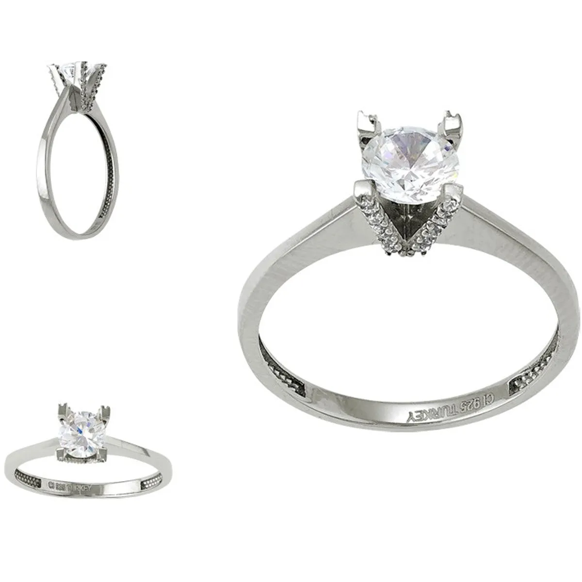 Sterling Silver Small CZ 'V' Setting with Large CZ Ring - W-9565