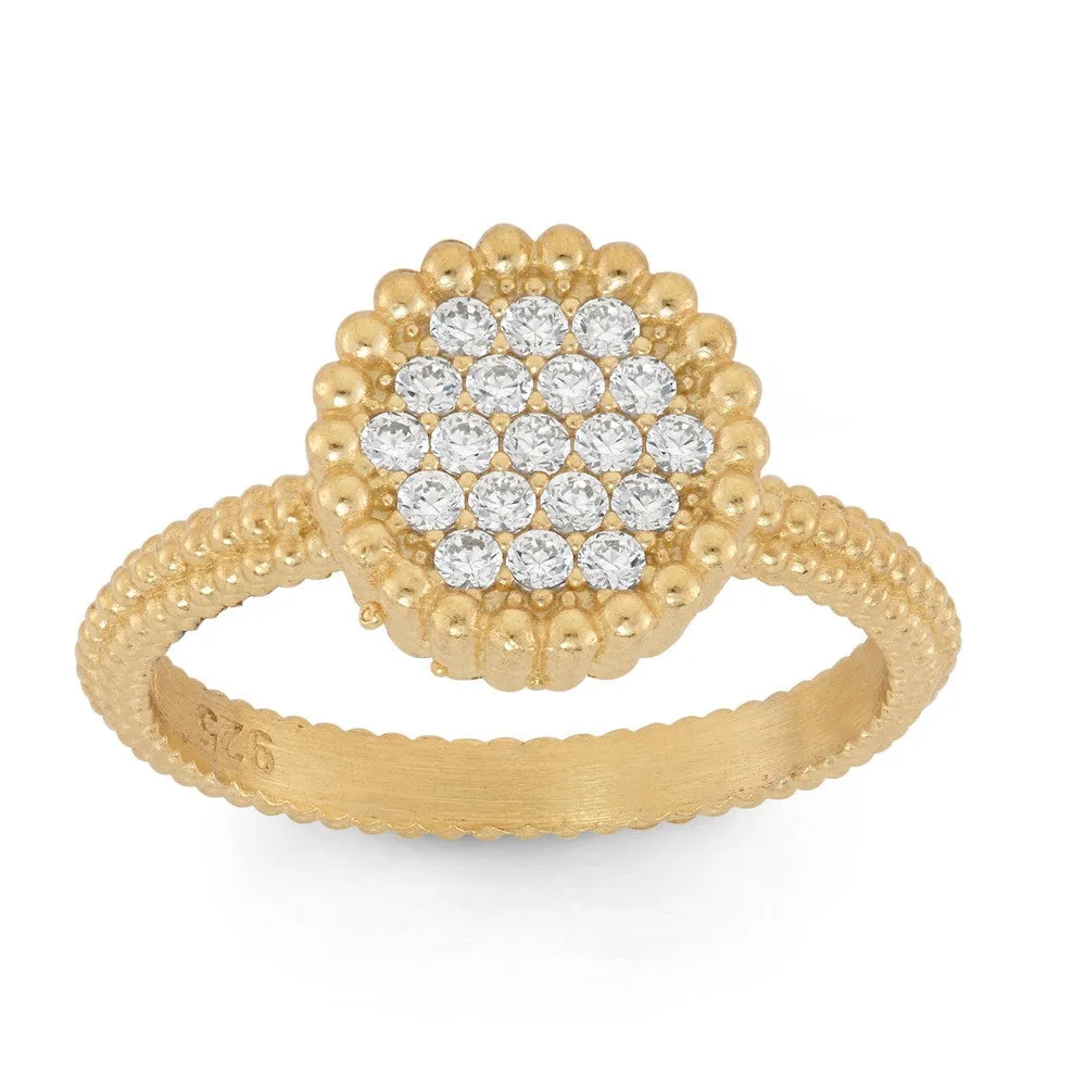 Sterling Silver Small Round CZ with Beaded Border Ring - W-1341