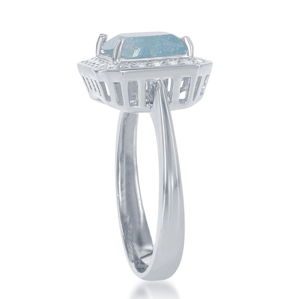 Sterling Silver Square Blue Ice with CZ Border Ring - W-1392