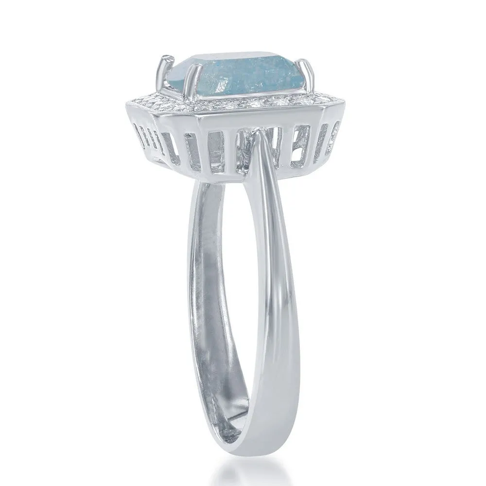 Sterling Silver Square Blue Ice with CZ Border Ring - W-1392