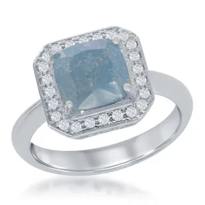 Sterling Silver Square Blue Ice with CZ Border Ring - W-1392