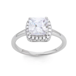 Sterling Silver Square CZ with Clear CZ Border Ring - W-1530