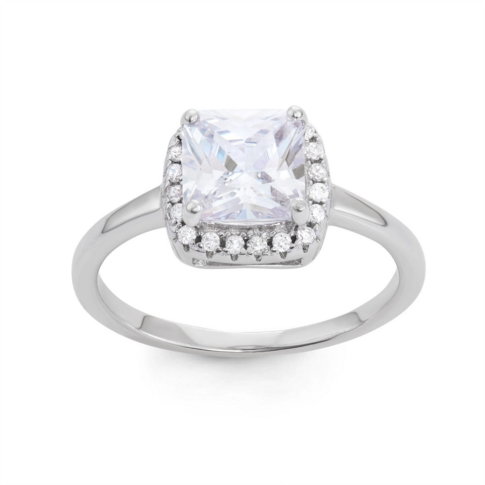 Sterling Silver Square CZ with Clear CZ Border Ring - W-1530