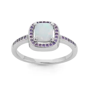 Sterling Silver Square White Opal with Amethyst CZ Ring - W-1506