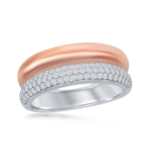Sterling Silver TT Micro Pave Rose GP Double Band Ring - W-2053