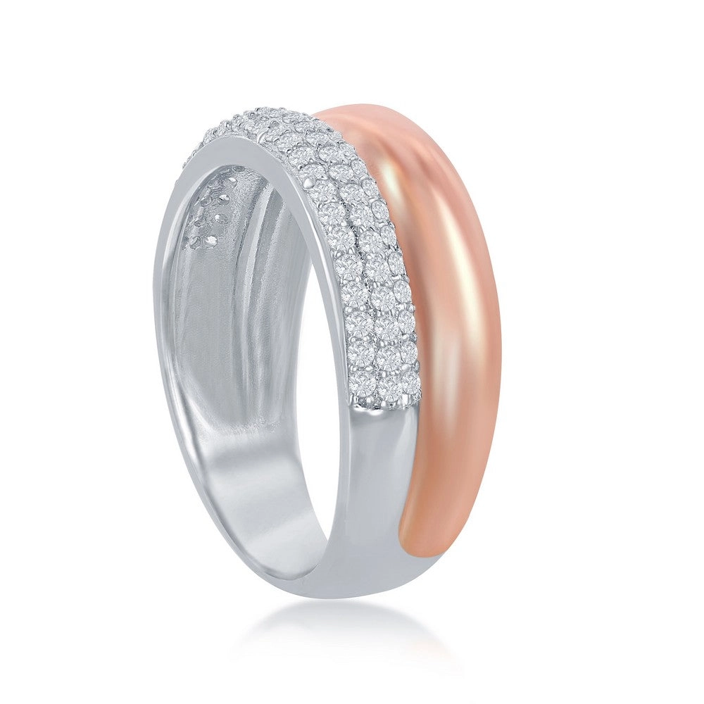 Sterling Silver TT Micro Pave Rose GP Double Band Ring - W-2053