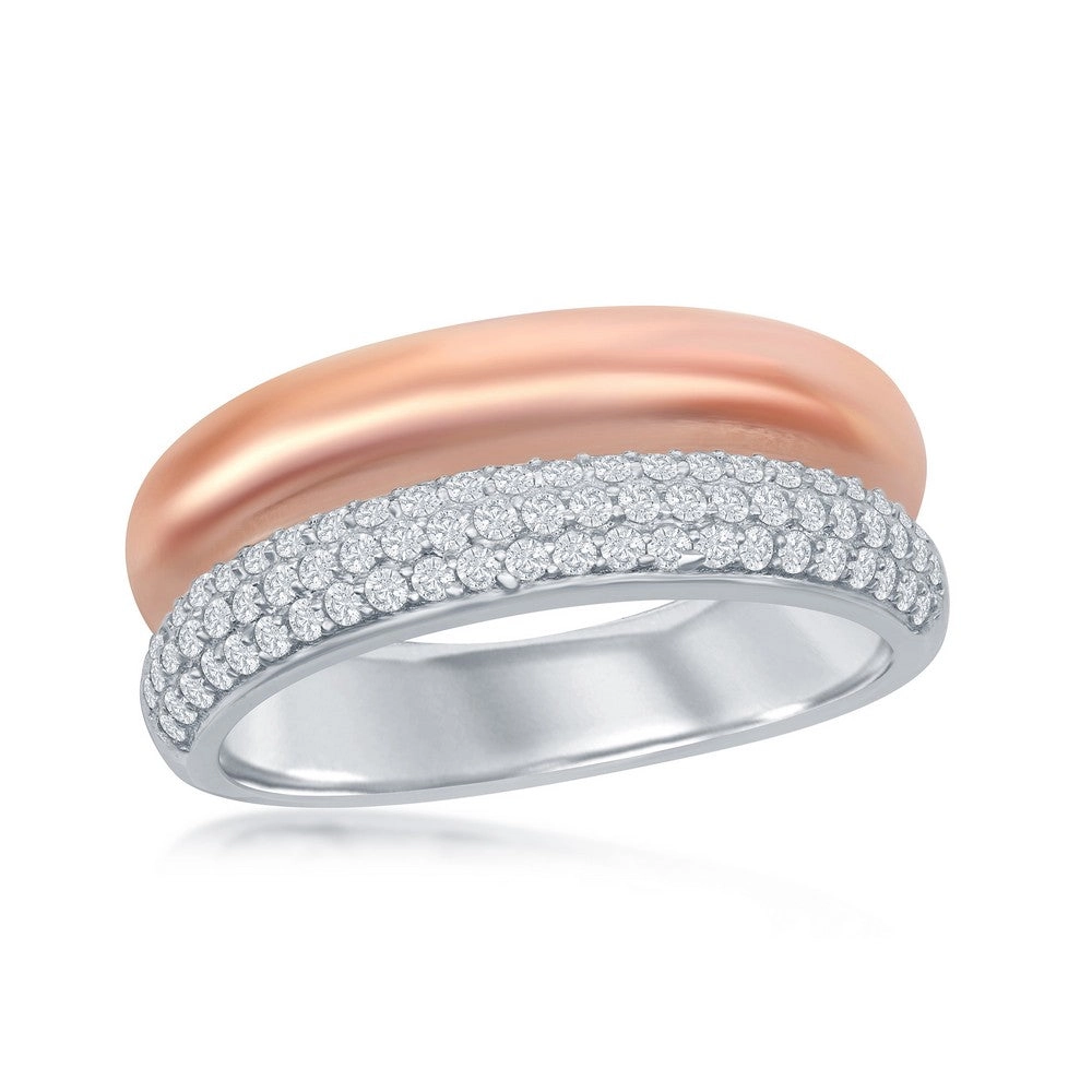 Sterling Silver TT Micro Pave Rose GP Double Band Ring - W-2053