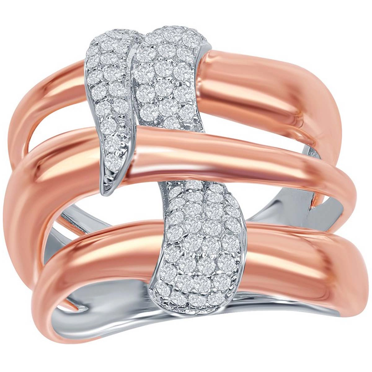 Sterling Silver TT Triple Wave Design CZ Ring - W-1869