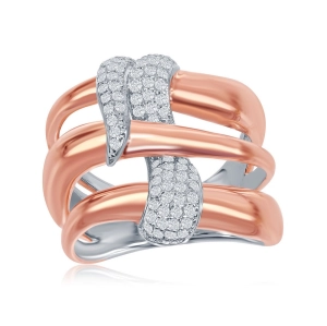 Sterling Silver TT Triple Wave Design CZ Ring - W-1869