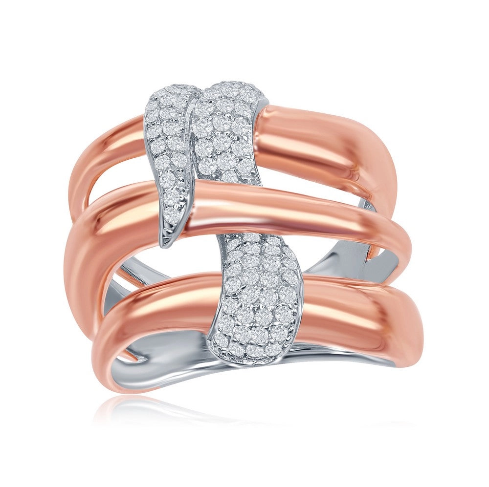 Sterling Silver TT Triple Wave Design CZ Ring - W-1869