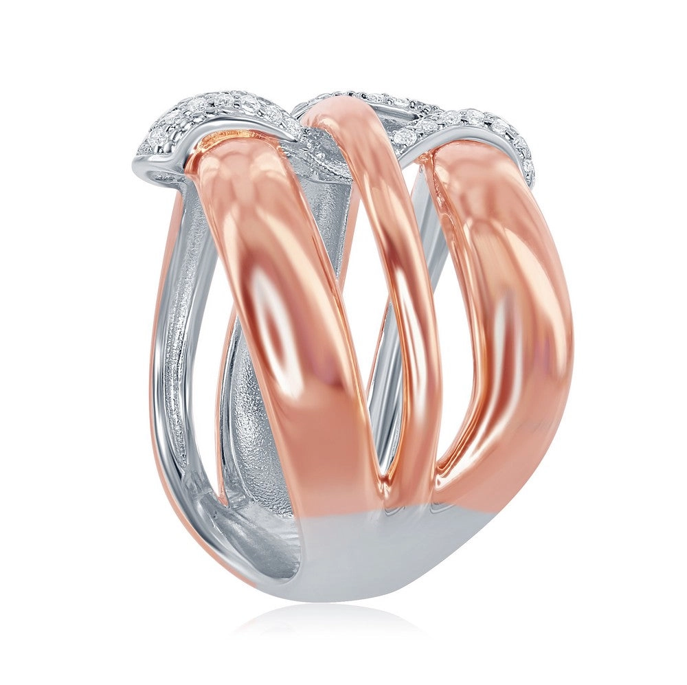 Sterling Silver TT Triple Wave Design CZ Ring - W-1869