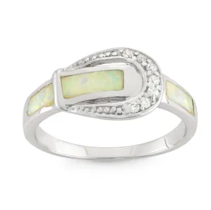 Sterling Silver White Inlay Opal and CZ Buckle Ring - W-1212