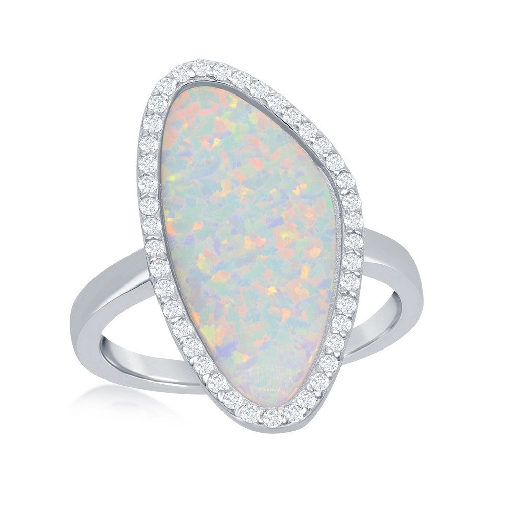 Sterling Silver White Opal Irregular Shape with CZ Ring - W-1972