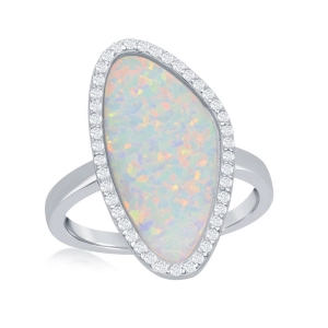 Sterling Silver White Opal Irregular Shape with CZ Ring - W-1972