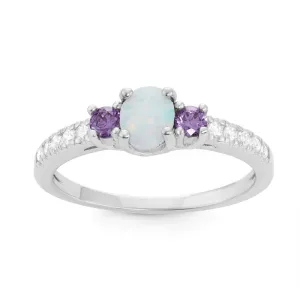 Sterling Silver White Opal Oval with Amethyst CZ Ring - W-1508
