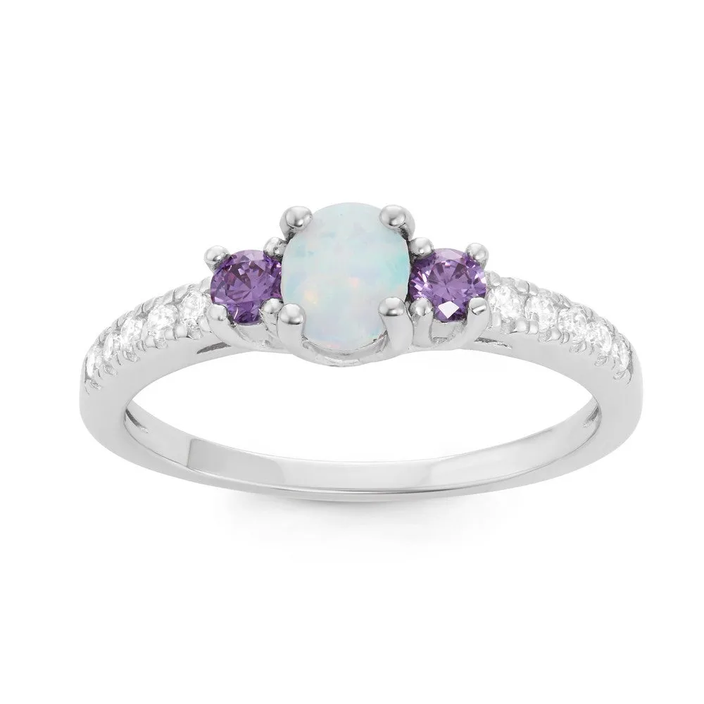 Sterling Silver White Opal Oval with Amethyst CZ Ring - W-1508