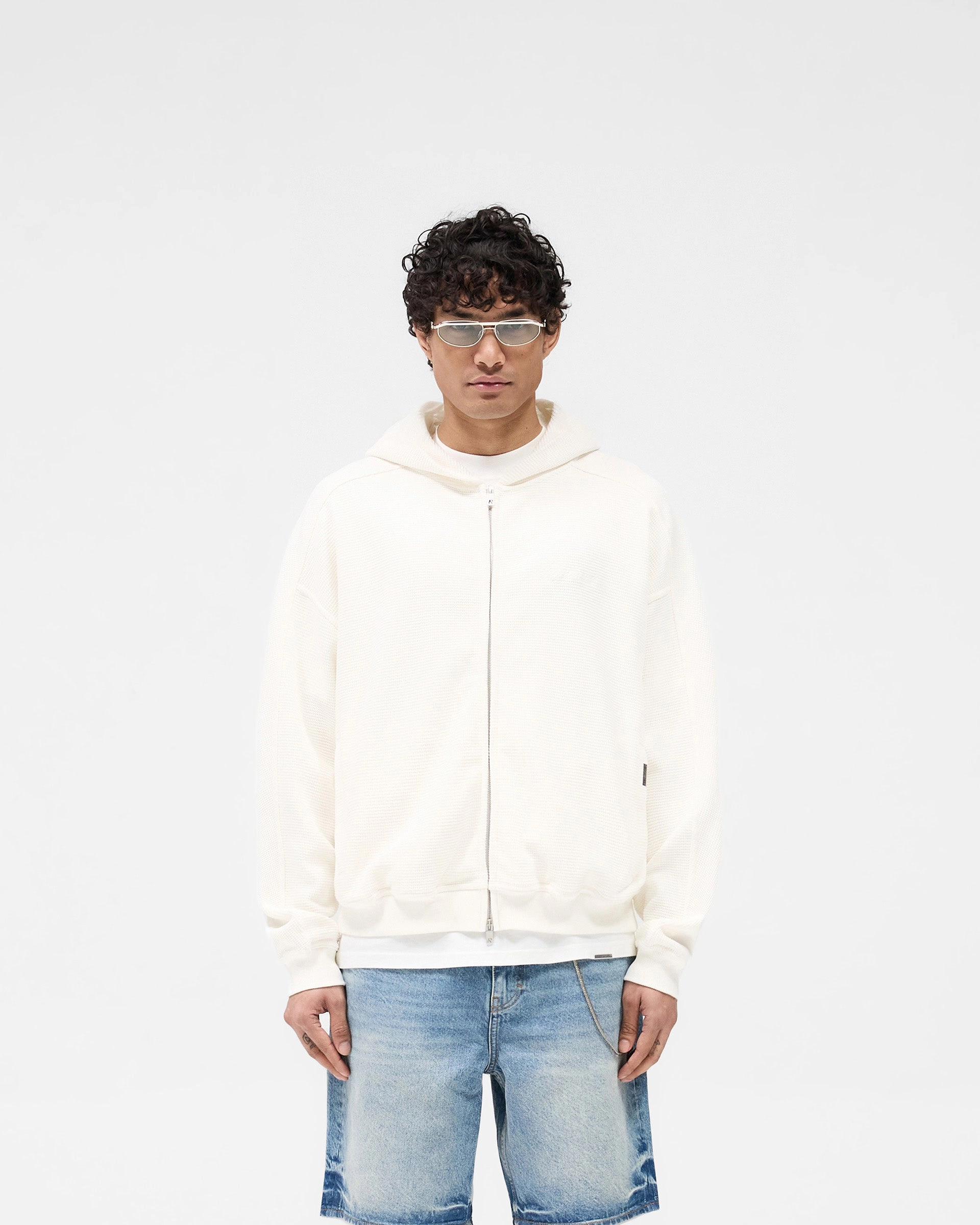 Waffle Zip Through Hoodie - Flat White