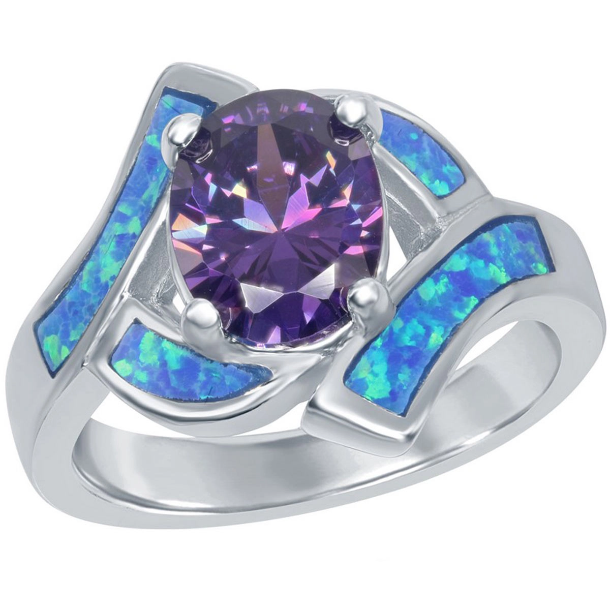 Women's Ring - Silver Blue Opal with Purple CZ Center, Size 8 | W-9594-8